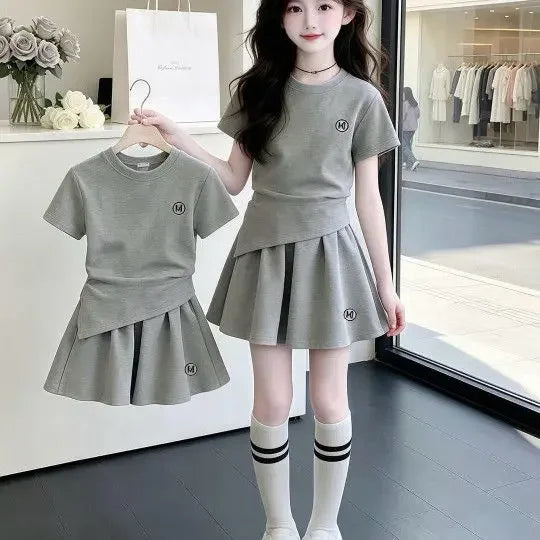 2026 Summer Girls 2Pcs Outfit Preppy Style Short Sleeve Top & Pleated Skirt Set Soft Cotton Casual Clothes for Big Kids