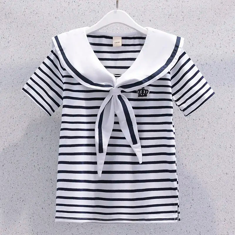 Girls Summer Casual Striped Sailor Collar Short Sleeve Suits 4 6 8 10 12 14 Years Girls JK Style Fashion Tops+Skirts 2pcs Sets