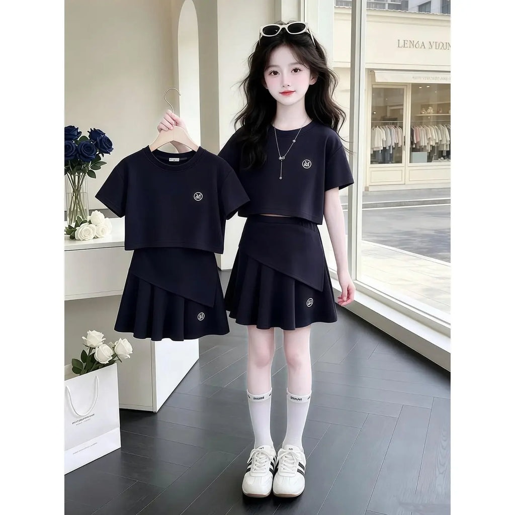 2026 Summer Girls 2Pcs Outfit Preppy Style Short Sleeve Top & Pleated Skirt Set Soft Cotton Casual Clothes for Big Kids