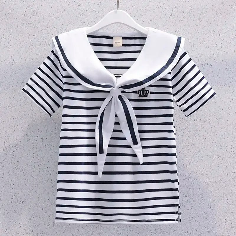 Girls Summer Casual Striped Sailor Collar Short Sleeve Suits 4 6 8 10 12 14 Years Girls JK Style Fashion Tops+Skirts 2pcs Sets