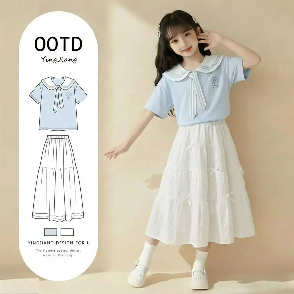 2026 Summer New Arrival Girls 2Pcs Outfit Navy Collar Preppy Style Short Sleeve Top & Skirt Set Sweet Princess Casual Cotton Clo